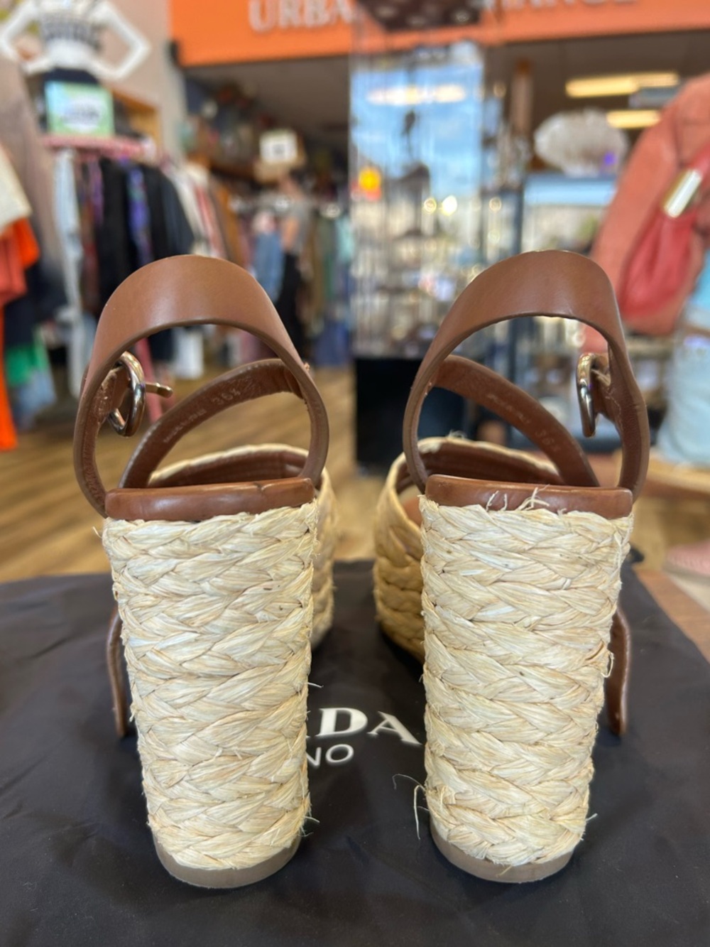 Prada Leather and Woven Raffia Espadrille Wedge Sandals - Picture 3 of 7